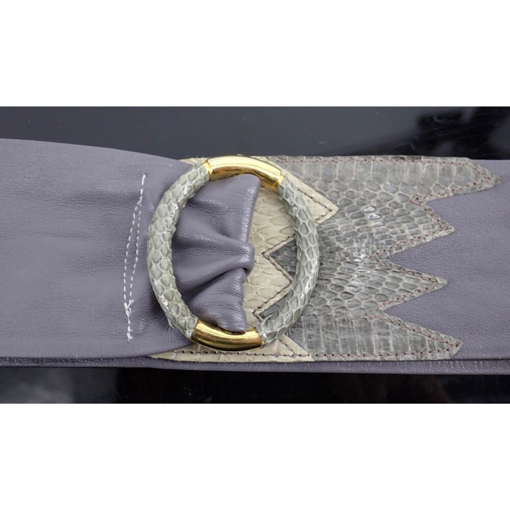 Gray Leather Medium Wide Adjustable Belt Snake Skin Buckle Accent 33" L x 2" W